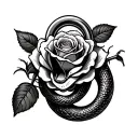 Rose background with a lock design with a snake coming through the lock  with its mouth open  tattoo design idea
