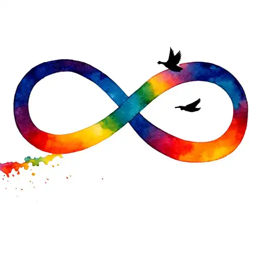 autism infinity symbol in sunset colurs with small black bird flying out of the edge of the rainbow tattoo design idea