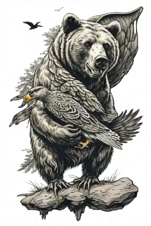 a bear with a mallard duck flying above  tattoo design idea