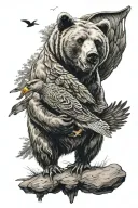 a bear with a mallard duck flying above  tattoo design idea