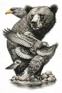 a bear with a mallard duck flying above  tattoo design idea