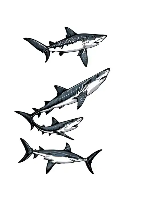 shark tattoo, three sharks swimming up arm- whale shark, hammerhead shark, blacktip reef shark. fine line simple tattoo  tattoo design idea