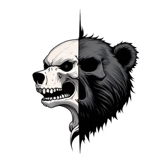 half skull half alive angry bear head tattoo design idea