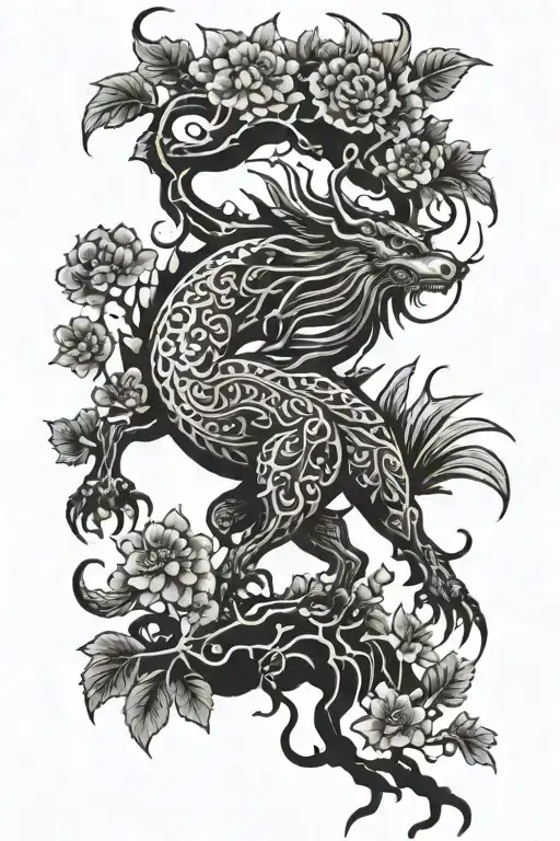 A blackwork tattoo of a mythical creature inspired by Korean folklore amidst a vibrant nature scene tattoo design idea