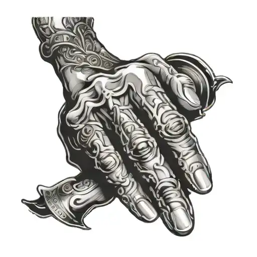 praying hand on tricep with colored details tattoo design idea
