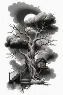 dead tree, stairs, clouds, large stars tattoo design idea