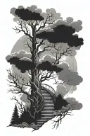 dead tree, stairs, clouds, large stars tattoo design idea