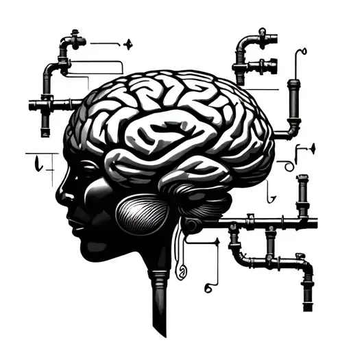 A brain with plumbing pipes as neural pathways, highlighting the importance of mental health and self improvement tattoo design idea