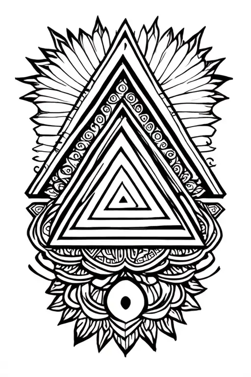 black ink Sri yantra with thick triangle lines only, no circle around outside , and large enough that it covers forearm. tattoo design idea