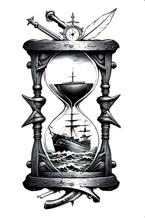 an hourglass with an old battleship on rough seas in the bottom half & a sword, pistol, quill & compass in the top half tattoo design idea