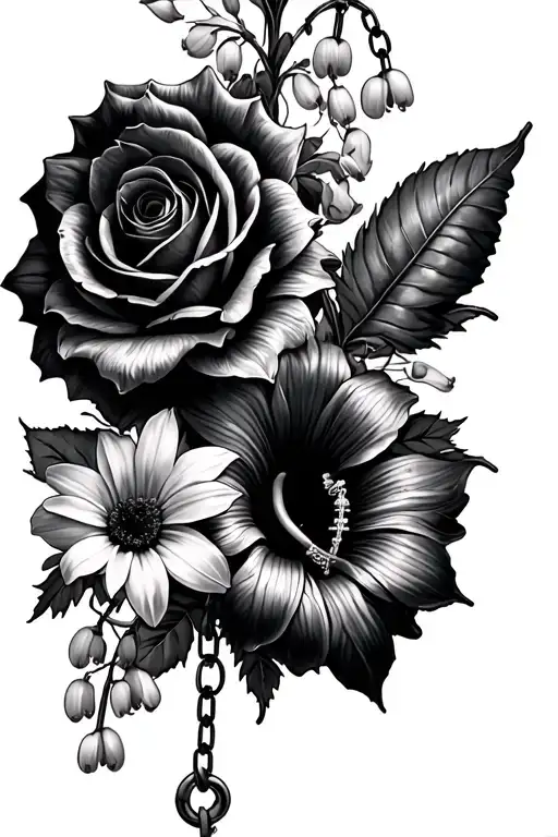 rose, daisy, sunflower, lily of the valley, stargazer lily, hibiscus, cherry blossom, rosary, broken chain half sleeve tattoo design idea