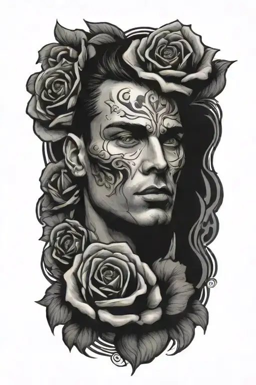 elegant mans face surrounded by roses tattoo design idea