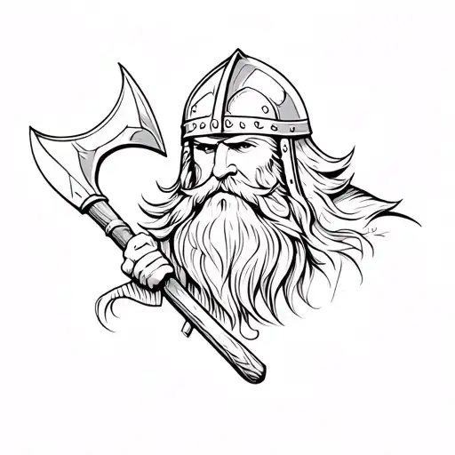 Thor viking with beard Viking helmet holding axe tattoo design idea