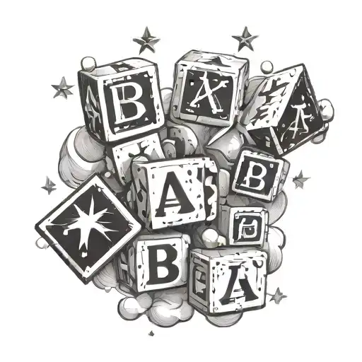 aubree spelled in baby blocks with clouds and stars around the blocks tatto tattoo design idea
