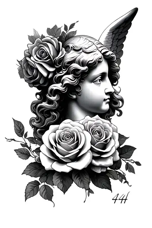  444, roses, angel statue head tattoo design idea