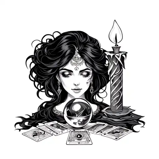 Beautiful fortune teller with black hair, crystal ball, tarot cards, candle and rave tattoo design idea