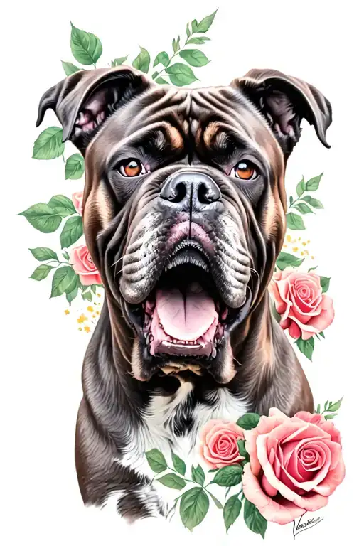 Angry cane corso dog with roses  tattoo design idea