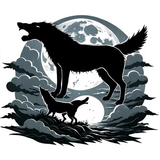 dark clouds with a moon and one wolf howling to moon tattoo design idea