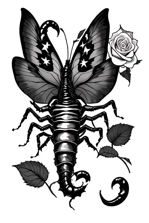 Scorpio stars shining, butter fly, rose intertwined tattoo design idea