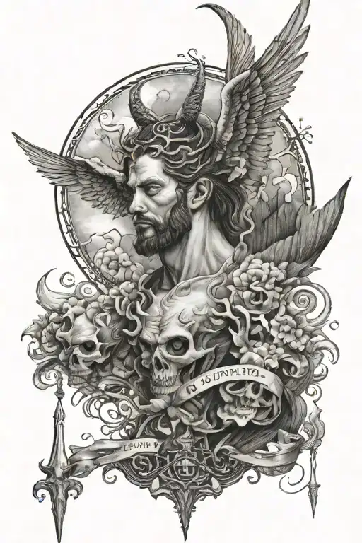lucifer, heaven , 777, fuck love, tattoo design idea