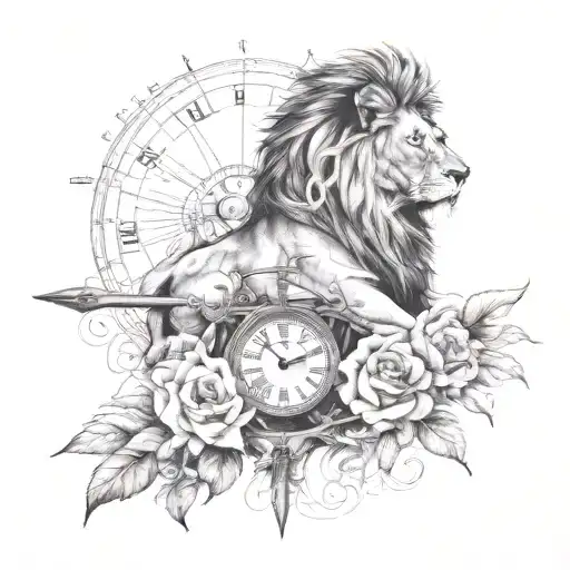 full back piece: birth flowers of family, lion, anchor, compass, roman numerals, clock, travel, martin/maiden name?, sun tattoo design idea