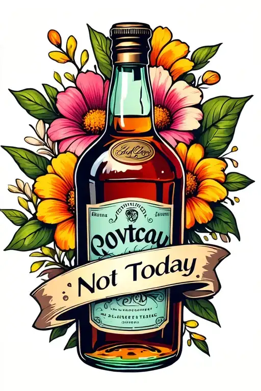 Broken Liquor Bottle with flowers behind and a banner that reads "Not Today" tattoo design idea