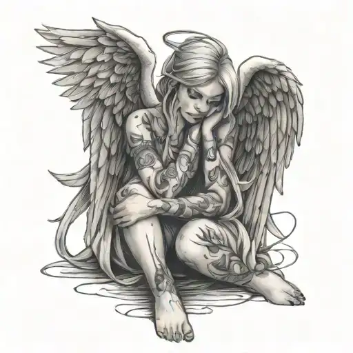 creat  an angel, but like a sad angel l. Sitting down with her wings kinda wrapped around her face and body tattoo drawi tattoo design idea