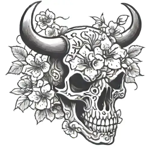 hot rod, bull skull, cherry blossoms tattoo design idea