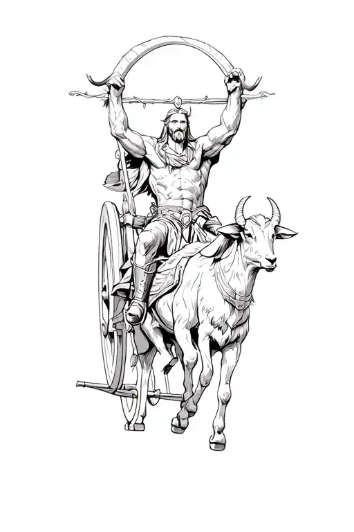 Thor god riding chariot getting pulled horned goats tattoo design idea