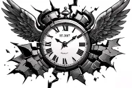 Broken clock, wings ripping clock apart either side. My kids date of birth running through the clock 15/1/2017 tattoo design idea
