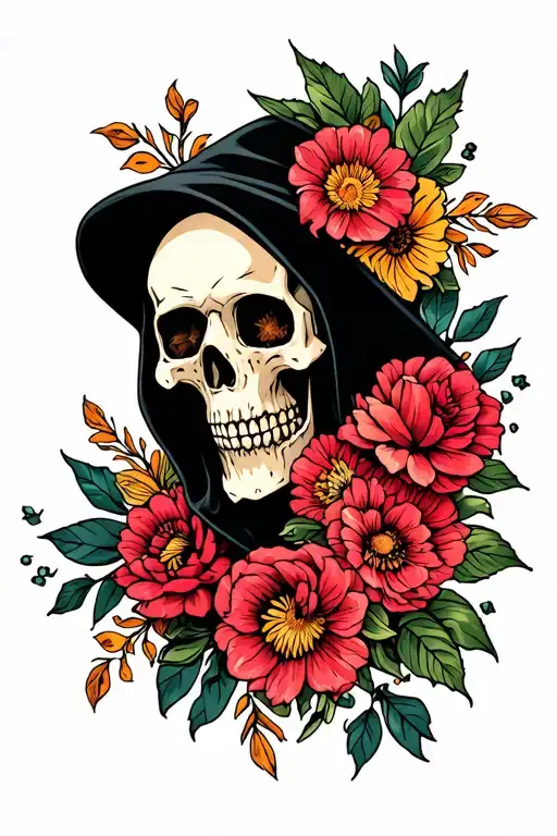 Mexican skull and flowers grim reaper full body tattoo design idea