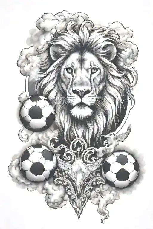 soccer tattoo on back with lion head surrounded by smoke and clouds with angels tattoo design idea