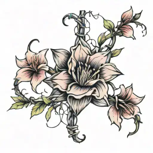 barbed wire wrapped around bell flower tattoo design idea