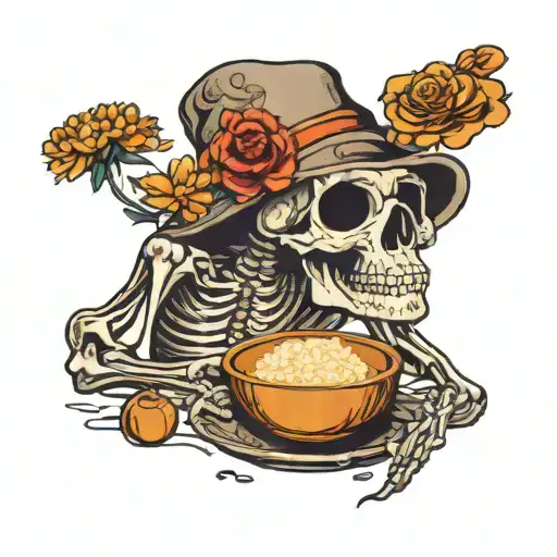 Day of the dead skeleton with a tiny bowl of rice tattoo design idea