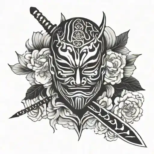 Japanese mask and daggers hidden tattoo design idea