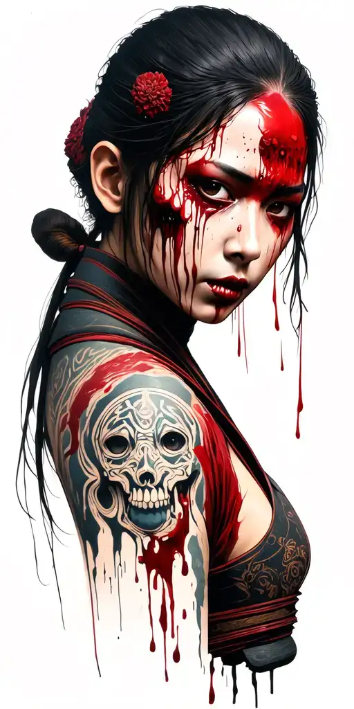 Half body samurai woman with blood on her face tattoo design idea