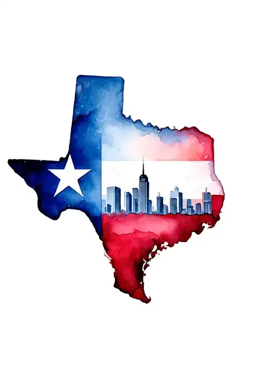 shape of the state of Texas with the Texas flag colors inside and the Dallas skyline  tattoo design idea