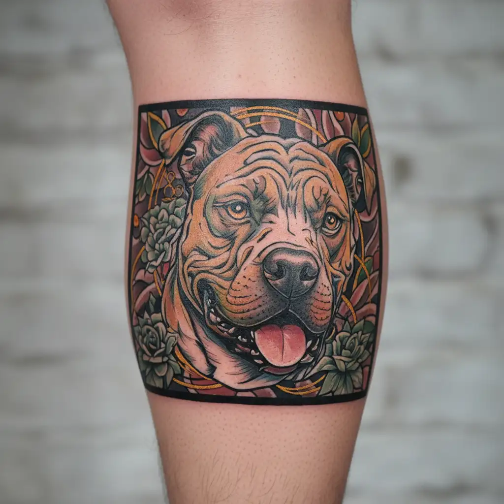 pit bull x staffy head wit 100 dollars tattoo design idea