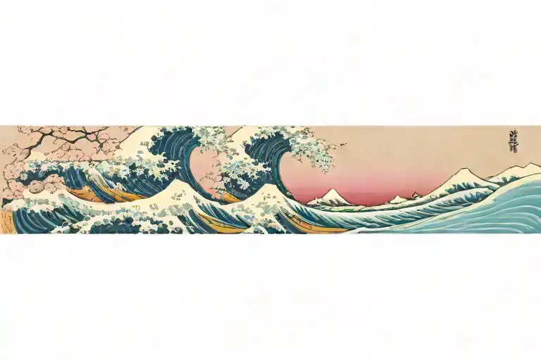 The Great Wave off Kanagawa aginst night sky and pink cherry blossoms tattoo design idea