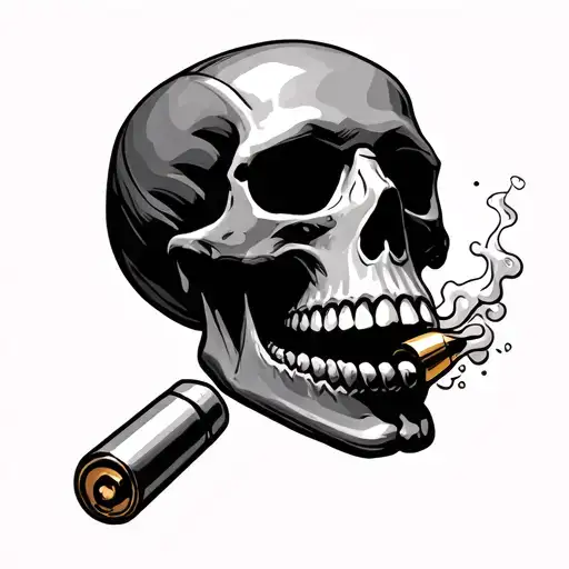 skull with bullet casing in its mouth with smoke coming out of the bullet tattoo design idea