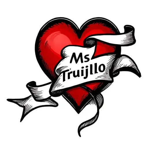 a red heart with black lining and a white ribbon on it that says "Ms Trujillo" tattoo design idea