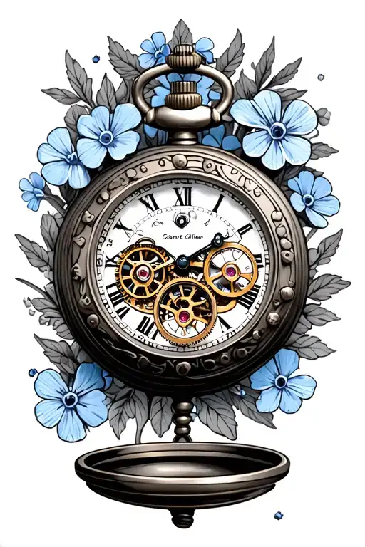 steampunk pocket watch with small forget me nots surrounding tattoo design idea