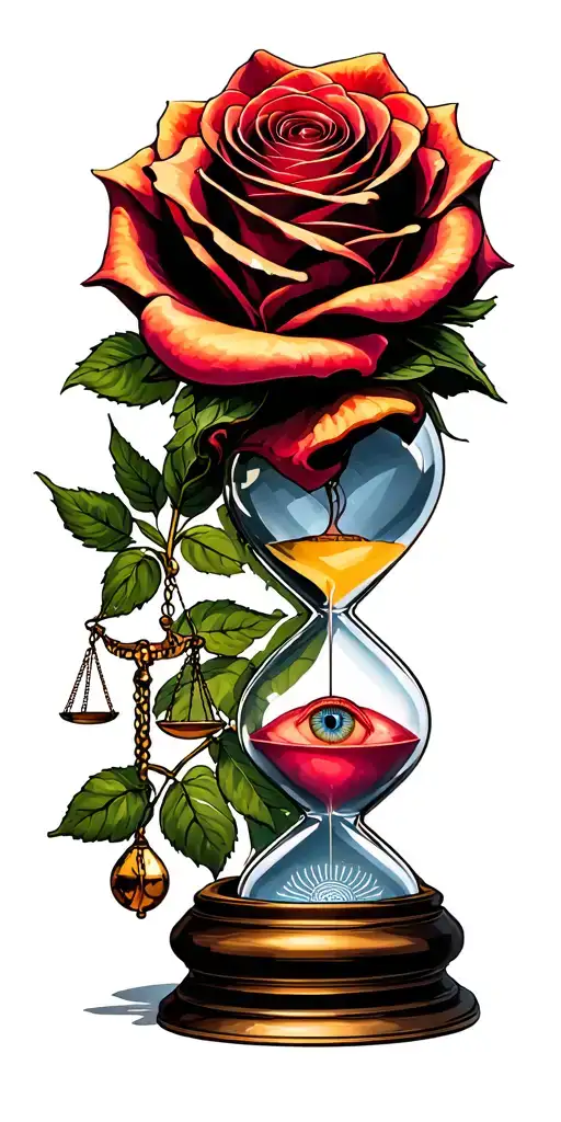 justice intertwined with truth prevails within, rose, hourglass, all seeing eye tattoo design idea