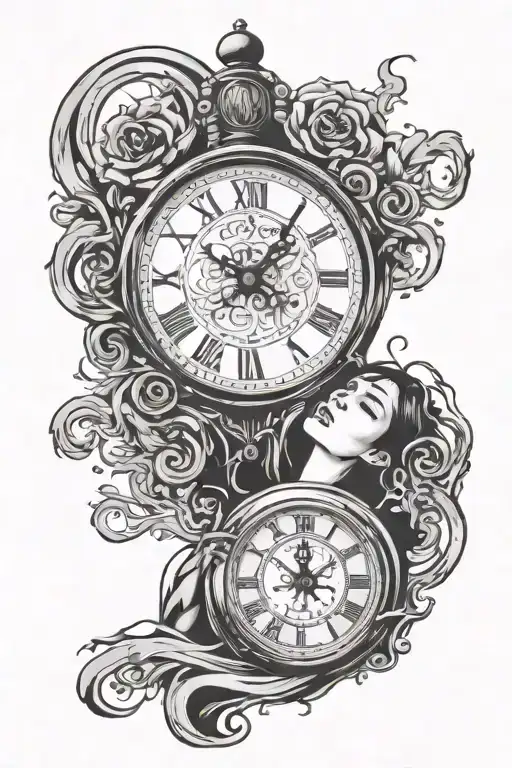 melting clock and Banksy girl tattoo design idea