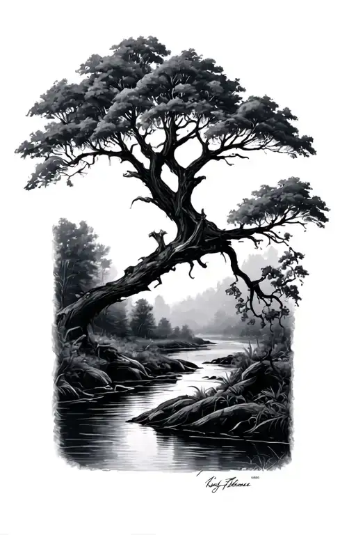 tree planted by a river running tattoo design idea