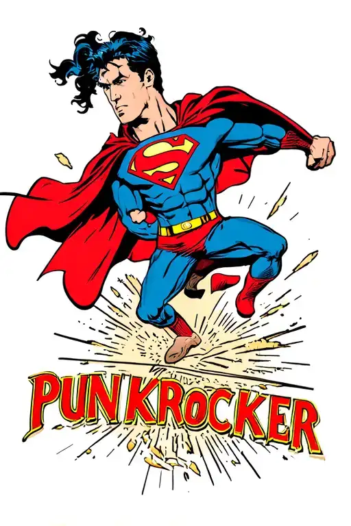 Superman side profile leaping up but his cape is replaced by the word "punkrocker" tattoo design idea