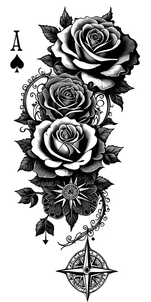 filigree design with playing cards, compass and roses tattoo design idea