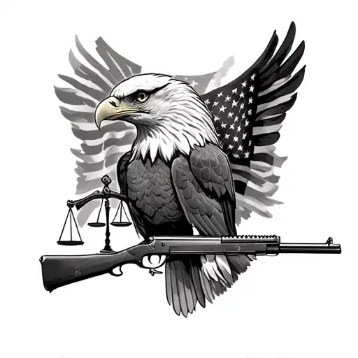 American flag, bald eagle, scales of justice, rifle tattoo sleeve tattoo design idea