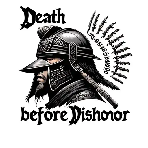 "Death before Dishonor" Japanese Samurai head with helmet tattoo design idea