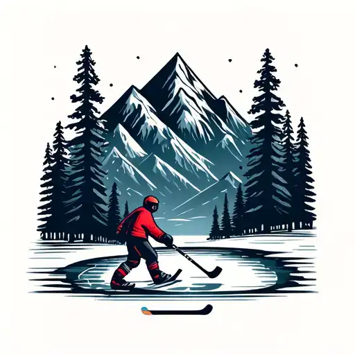 Pond Hockey, mountains, trees in the background tattoo design idea